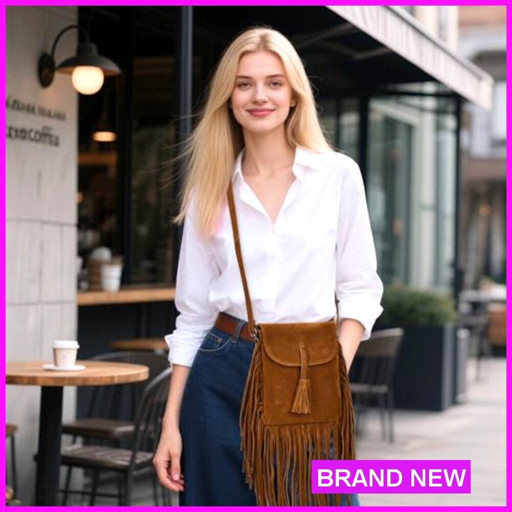 Trendy Vegan Suede Crossbody Bag with Fringe Tassels and Card Slots - Picture 2 of 7